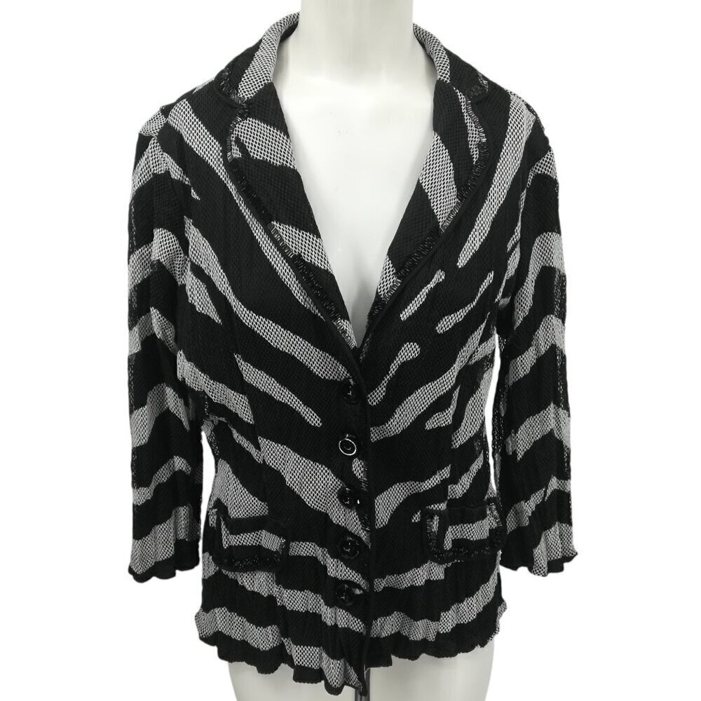 Alberto Makali Beaded Mesh Zebra Print Button Blazer Size XL 3/4 Sleeve Animal